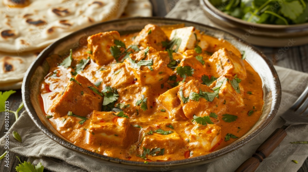 A plate of paneer makhani served with steaming hot roti, offering a delicious and comforting meal option for those craving authentic Indian flavors. A plate of paneer makhani served with steaming hot roti, offering a delicious and comforting meal option for those craving authentic Indian flavors.