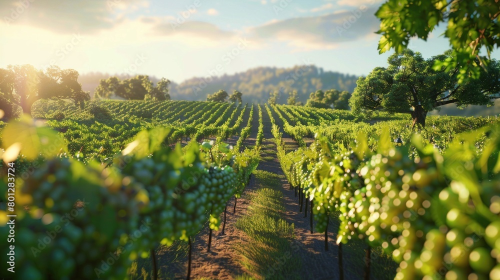 The vineyard sprawls across the landscape, its rows of grapevines basking in the sun, promising a bounty of flavorful grapes destined to become exquisite wines.