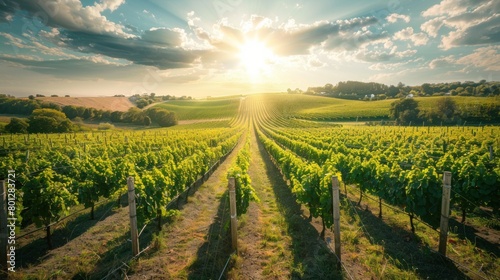 The vineyard sprawls across the landscape, its rows of grapevines basking in the sun, promising a bounty of flavorful grapes destined to become exquisite wines. photo