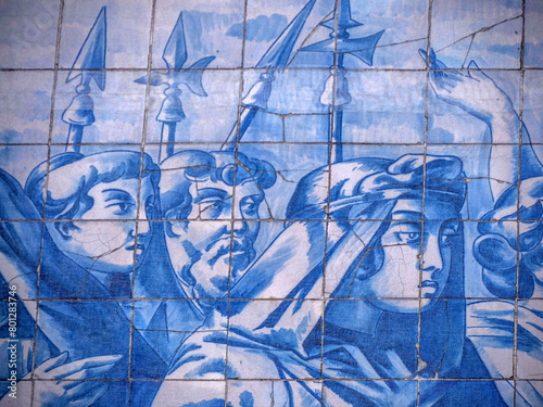 detail of azulejos painted ceramic of Carmelites church with Our Lady of Mount Carmel. in the center of Porto, Portugal. photo