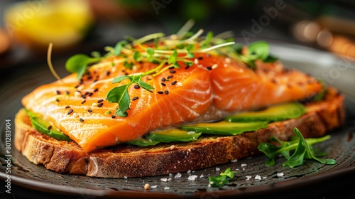 Gourmet Salmon on Avocado Toast with micro greens, dark background. Healthy natural food concept. Gourmet breakfast. Image for menu, recipe, banner, poster.