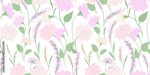 Pastel abstract artistic meadow flowers seamless pattern. Gently creative wild floral stems printing. Summer or spring blooming plants background. Vector hand drawn sketch. Template for designs