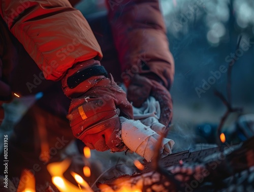 A person wearing orange jacket and gloves is lighting a fire with a flint and steel photo