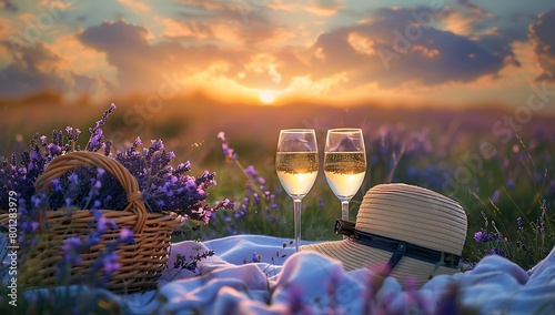  lavender fields in full bloom under the golden sunset, with two glasses of white wine and an elegant straw hat resting on soft fabric nearby