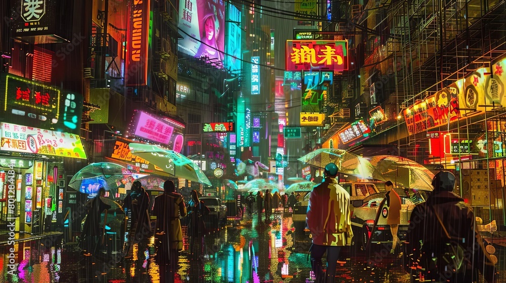 cyberpunk alleyway with neon signs and umbrellas, featuring a building and various signs in red, ye