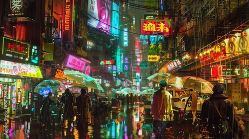 cyberpunk alleyway with neon signs and umbrellas, featuring a building and various signs in red, ye