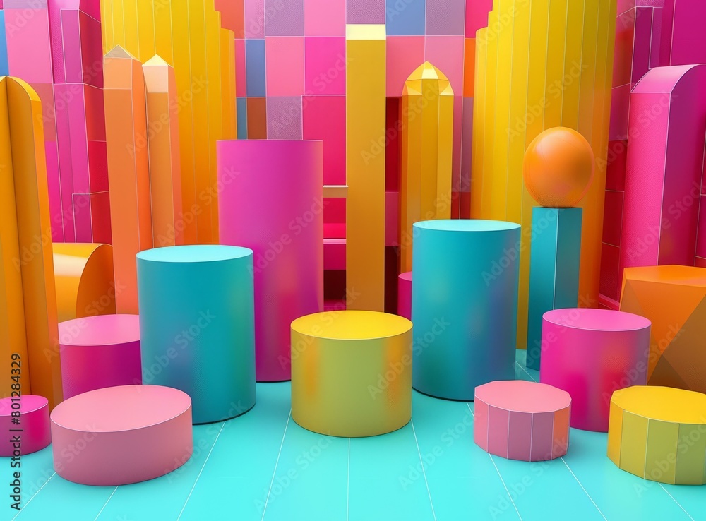 Colorful 3D geometric shapes on blue surface Colorful 3D geometric shapes on blue surface