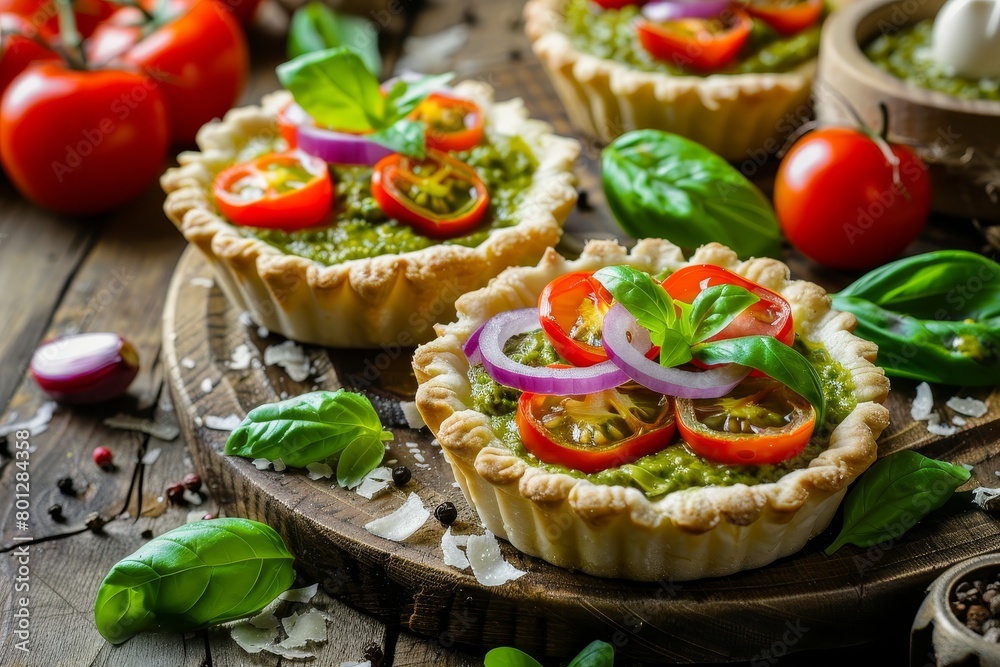 Tartelettes with mozzarella, pea puree, peppers, pesto, red onions and tomatoes