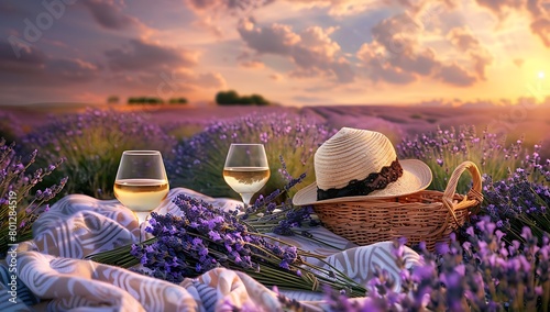  lavender fields in full bloom under the golden sunset, with two glasses of white wine and an elegant straw hat resting on soft fabric nearby photo