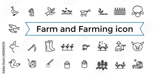 Farm and Farming, Agriculture line web icon set. Contains related to Greenhouse, Haystack, Harvest and more. Outline icons collection. Icon collection. Editable vector icon and illustration..