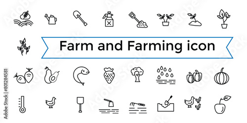 Farm and Farming, Agriculture line web icon set. Contains related to Greenhouse, Haystack, Harvest and more. Outline icons collection. Icon collection. Editable vector icon and illustration..