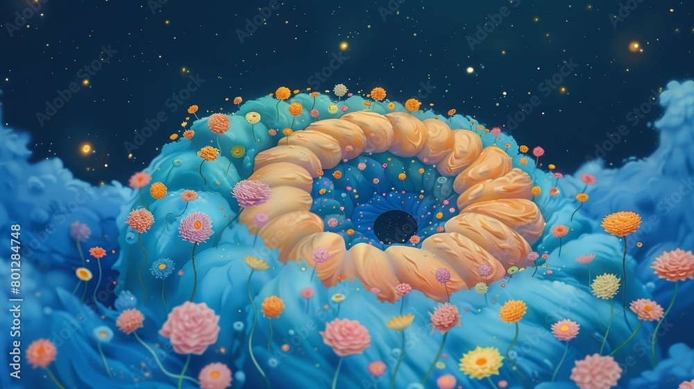 A beautiful digital painting of a portal to another dimension. The portal is in the shape of a flower, and is surrounded by clouds and stars. A beautiful digital painting of a portal to another dimension. The portal is in the shape of a flower, and is surrounded by clouds and stars.