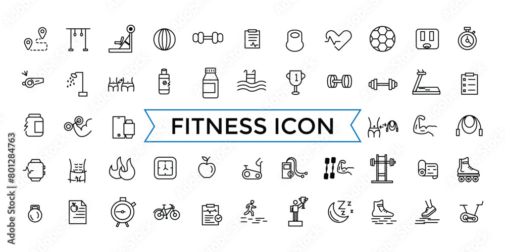 Set of Fitness Vector Line Icons Collection. Contains related to Lifestyle, Weight Training, Body care and more. Outline icons collection. Icon collection. Set of Fitness Vector Line Icons Collection. Contains related to Lifestyle, Weight Training, Body care and more. Outline icons collection. Icon collection.