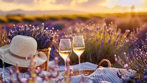  lavender fields in full bloom under the golden sunset, with two glasses of white wine and an elegant straw hat resting on soft fabric nearby