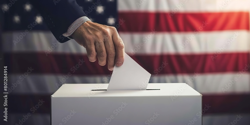 A simple yet powerful image of a hand casting a vote in a ballot box, draped with the American flag, Generative AI A simple yet powerful image of a hand casting a vote in a ballot box, draped with the American flag, Generative AI