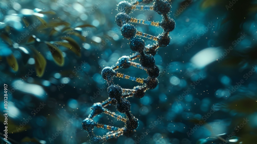 Blue and gold double helix structure of DNA surrounded by green leaves