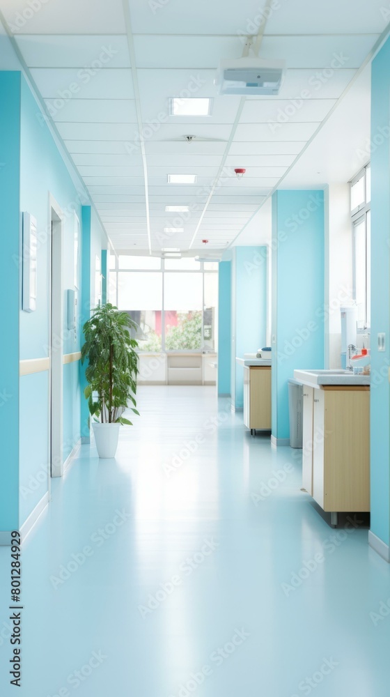 Fototapeta premium Blue hospital hallway with green plant in the middle