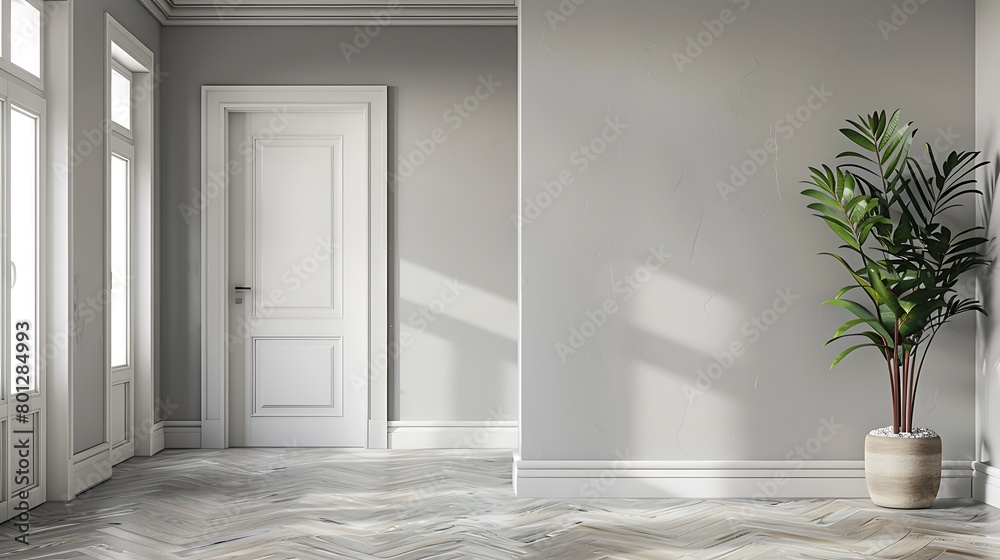 A pristine white doorframe framing the newly painted light gray walls, adding a touch of contrast and elegance to the interior A pristine white doorframe framing the newly painted light gray walls, adding a touch of contrast and elegance to the interior