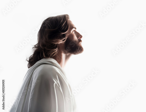 Side portrait of Jesus Christ resurrected from the dead, bright light and white background Heaven and Easter concept, Generative AI
 photo