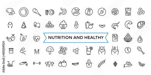 Nutrition and Healthy food Vector Icons. Contains related to Caunt Calories, Palm oil free, Zero thans fat, Probiotics and more. Outline icons collection.