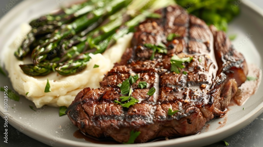 A plate of steak served with creamy mashed potatoes and grilled asparagus, offering a classic and satisfying meal option for steak lovers. A plate of steak served with creamy mashed potatoes and grilled asparagus, offering a classic and satisfying meal option for steak lovers.
