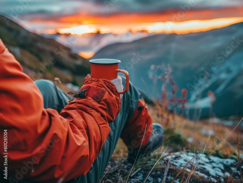 Watching the sunset over the mountains with a cup of coffee © duyina1990