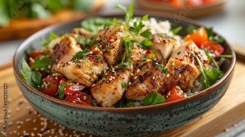 Grilled chicken breast with rice and vegetables