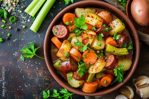 Traditional polish kielbasa boiled dinner with carrots, celery and potatoes photo