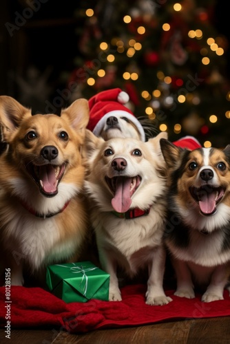 Four happy corgis in Santa hats sit in front of a decorated Christmas tree