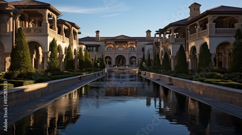 A luxurious mansion with a long reflecting pool in front of it