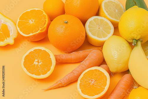 Fresh and colorful fruits and vegetables on a vibrant yellow background in a vibrant and healthy composition