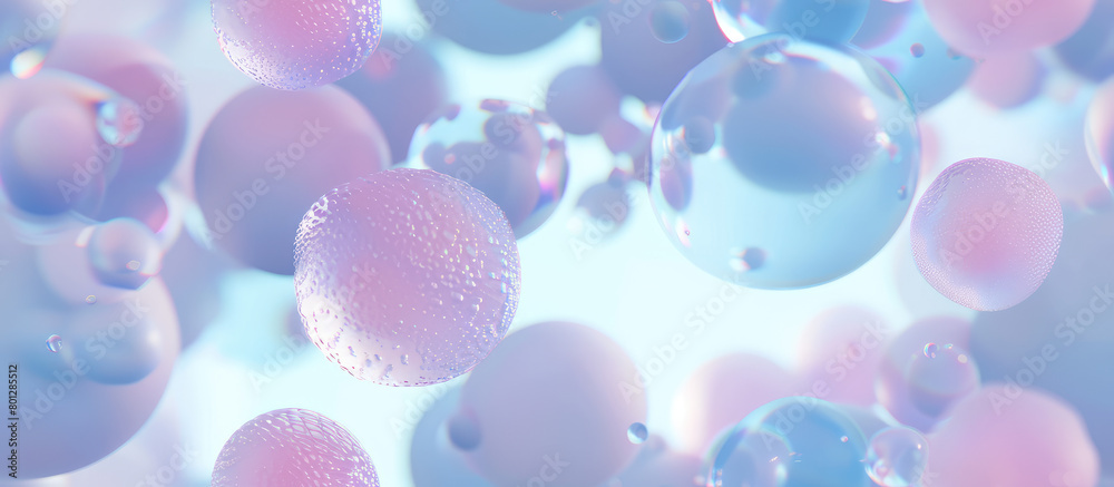 Essential water Bubbles for cosmetics. Liquid bubble, fluid Collagen, atoms floating, abstract background seamless pattern texture. 3D render illustration style. Background for wallpaper Essential water Bubbles for cosmetics. Liquid bubble, fluid Collagen, atoms floating, abstract background seamless pattern texture. 3D render illustration style. Background for wallpaper
