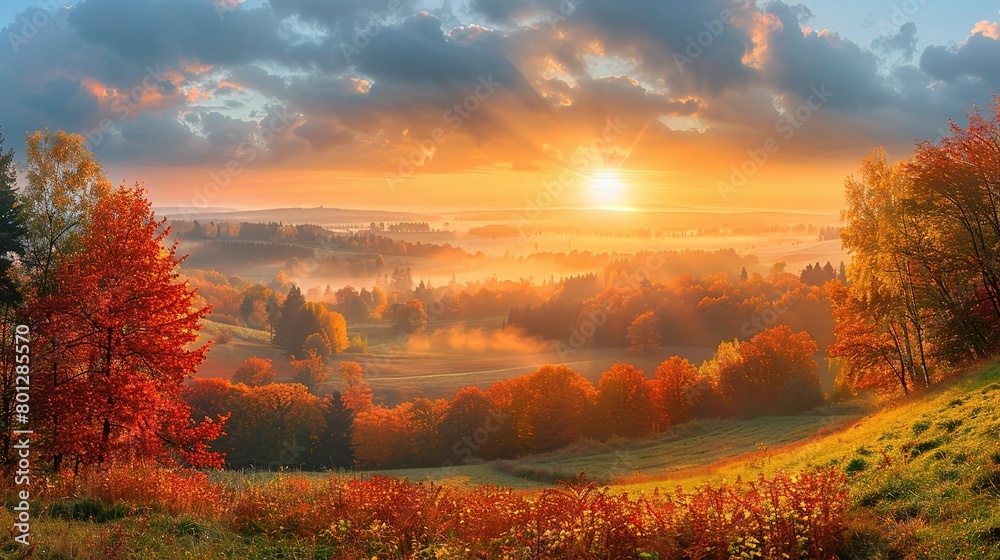 Fototapeta premium Panoramic view of a tranquil countryside at sunrise with colorful autumn foliage