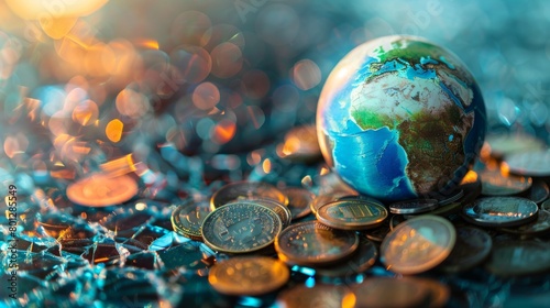 A fractured globe overlaying a dwindling pile of coins photo
