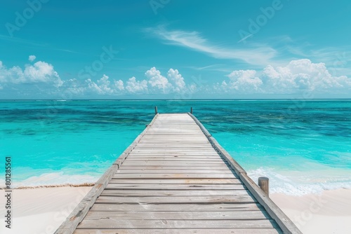 Wooden pier stretching into azure water on beach, merging with horizon © Alexei