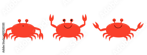 Set of cute cartoon crabs: sleeping, meditating, cheerful wakeful. Vector illustration.
