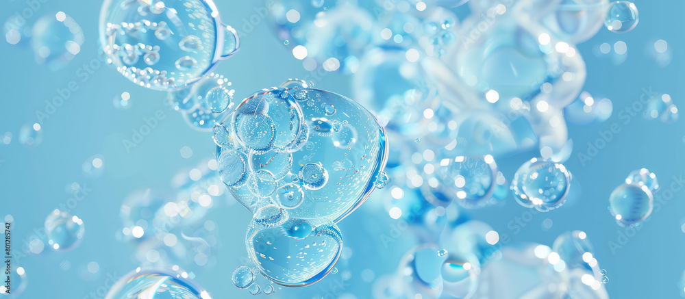 Essential water Bubbles for cosmetics. Liquid bubble, fluid Collagen, atoms floating, abstract blue background seamless pattern texture. 3D render illustration style. Background for wallpaper