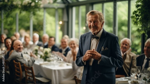 An elderly man giving a speech at a wedding reception photo