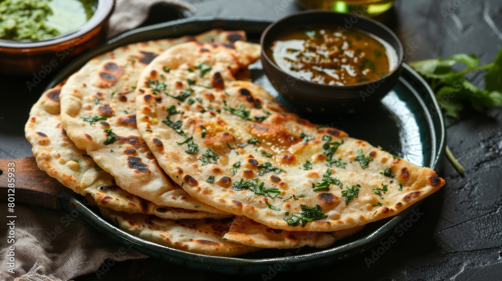 A plate of stuffed paratha breads served with mint chutney and tangy tamarind sauce, offering a burst of flavors and textures in every bite. A plate of stuffed paratha breads served with mint chutney and tangy tamarind sauce, offering a burst of flavors and textures in every bite.