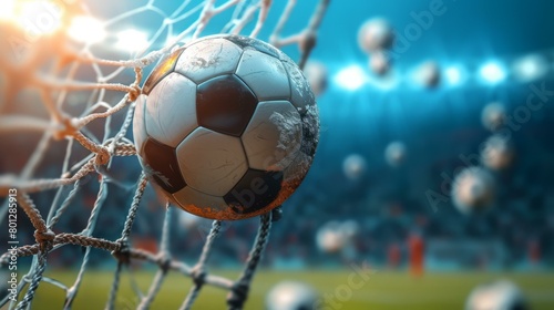Epic Soccer Ball in the Net with Bright Stadium Lights in the Background