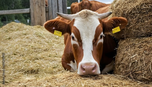 A Cow With Its Nose Buried In A Pile Of Hay