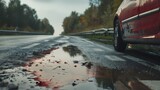 Dramatic Roadside Car Breakdown with Oil Spill on Rainy Highway in Autumn Scenery