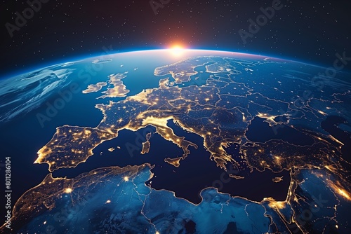 Europe at night viewed from space with city lights showing human activity in Germany, France, Spain, Italy and other countries, rendering of planet