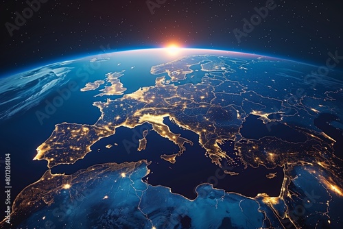Fototapeta Naklejka Na Ścianę i Meble -  Europe at night viewed from space with city lights showing human activity in Germany, France, Spain, Italy and other countries, rendering of planet