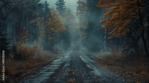 Country road through a foggy autumn forest photo