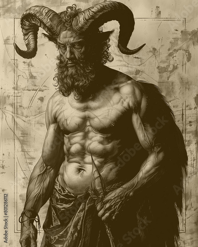 Familiars Of Azazel, Devil, Demon, Satyr, Sepia Portrait Illustration Inspired By Occult Art From Old Grimoires