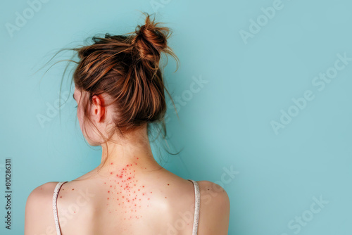 Female Back with Painful Rash, Red Spots Blisters on a Skin. Human Body with Health Problem. Monkeypox, Monkey Pox Disease Symptoms. Close Up Patient. Banner, Copy Space. Dengue Fever Infection, MPOX. photo