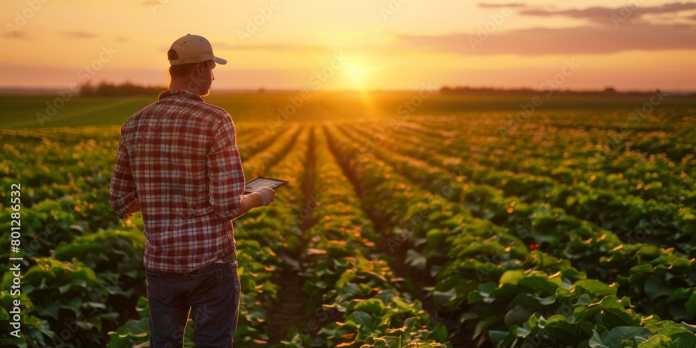 Agronomist using digital tablet in the field at sunset Agronomist using digital tablet in the field at sunset