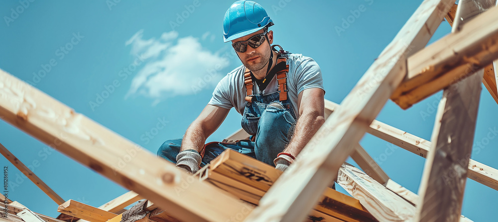 builder working on wooden beams in a new house under construction