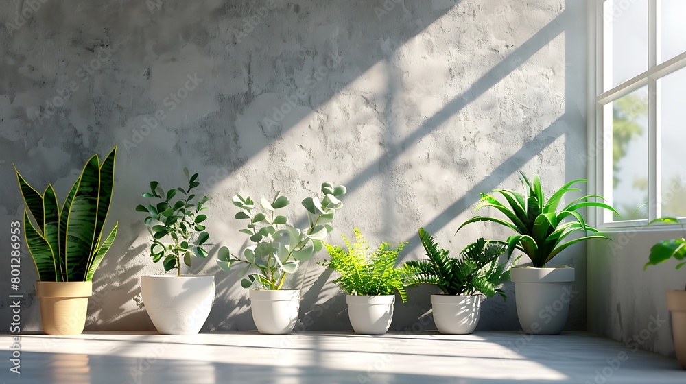 A row of potted plants lining the windowsill against the light gray walls, bringing a touch of nature and freshness indoors